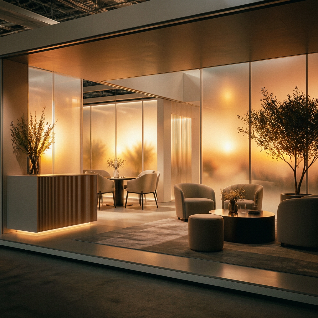 Premium exhibition booth interior with warm golden lighting